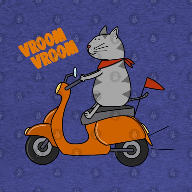 Grey cat on a scooter by Coconut Moe Illustrations